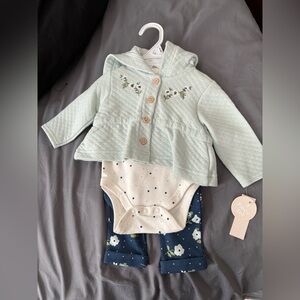 Mint Green Quilted Baby Jacket with Floral Bodysuit and Pants